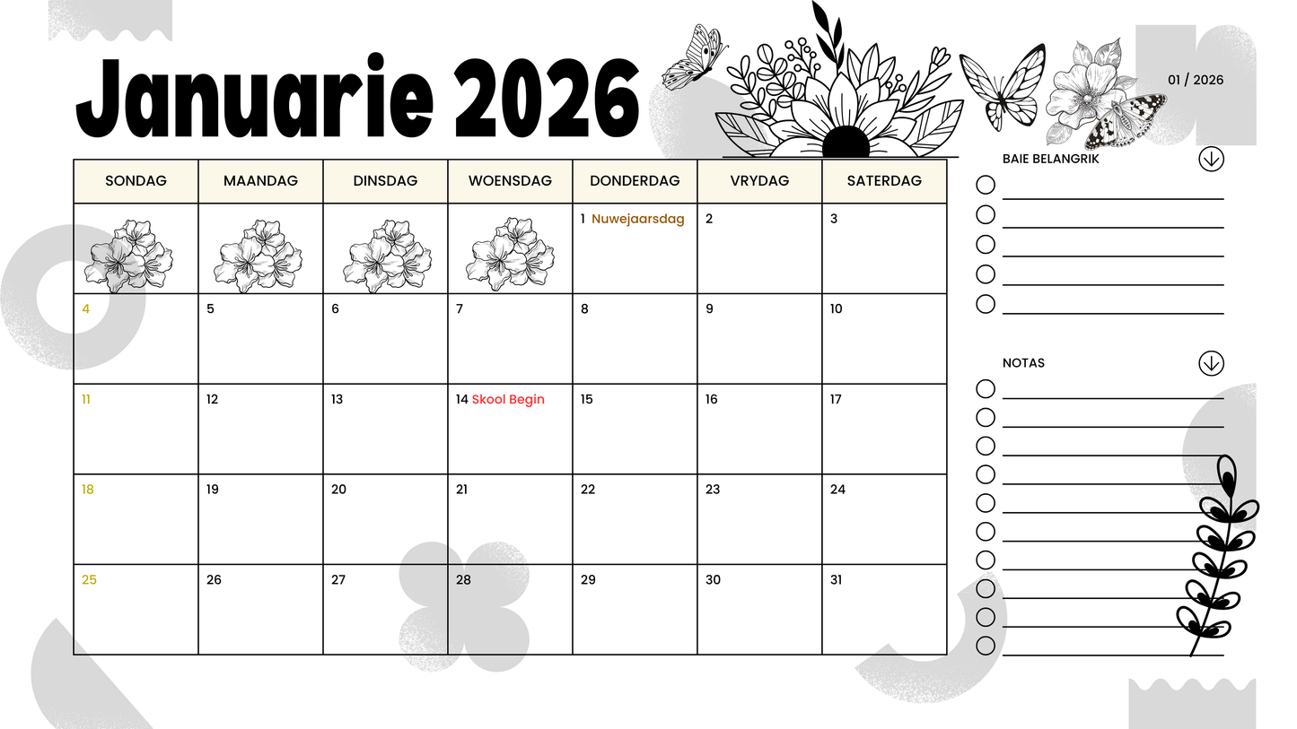 2026 Deskpad Kalender (Swart & Wit) – Blomme & Skoenlapper Tema | PDF