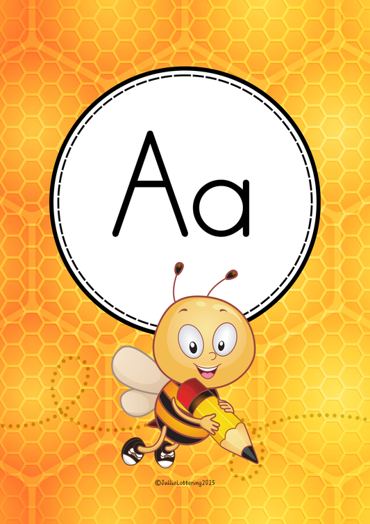 Bee-Themed A4 Alphabet Letters – Upper &amp; Lowercase (PDF Download)