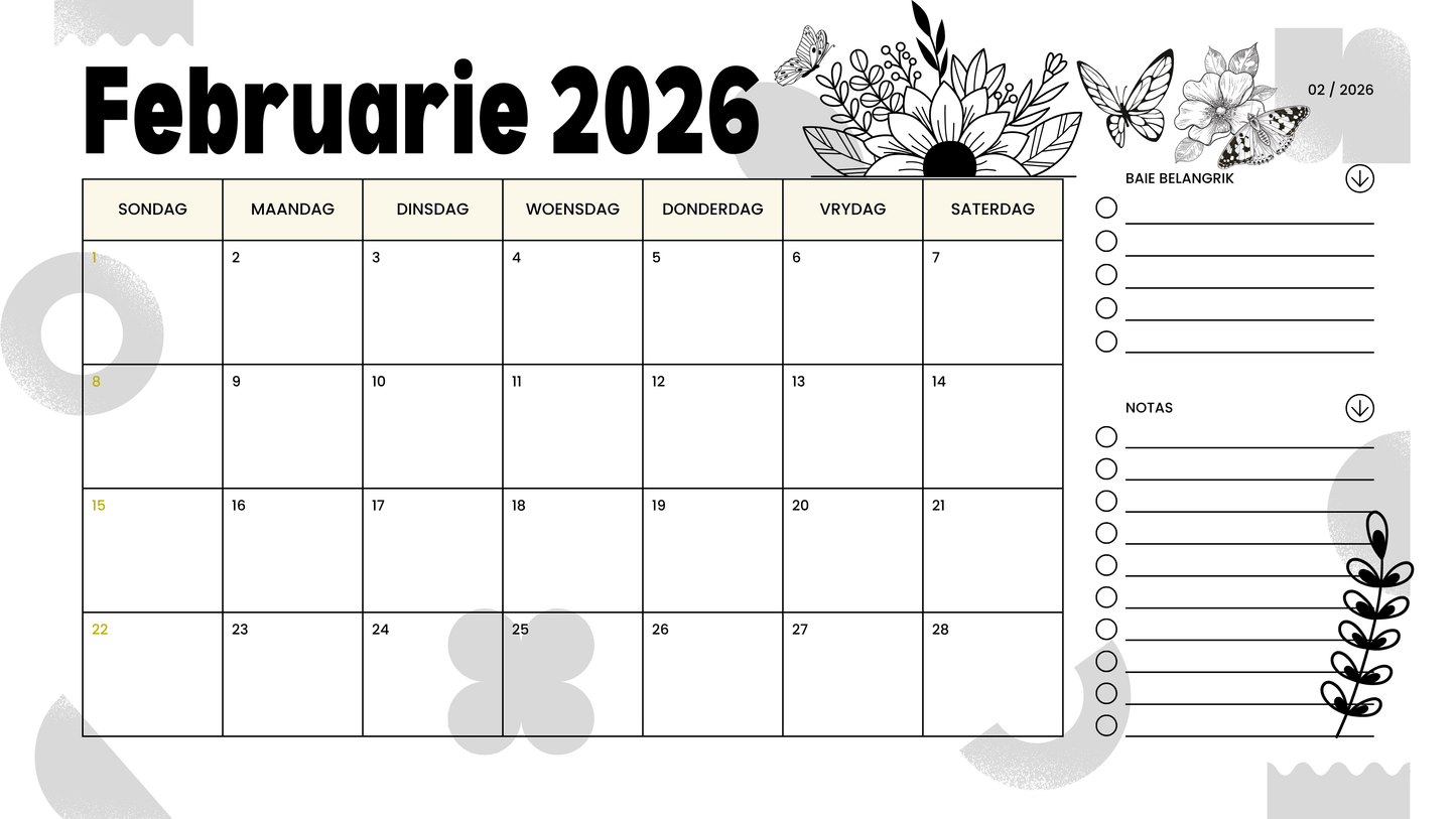 2026 Deskpad Kalender (Swart & Wit) – Blomme & Skoenlapper Tema | PDF