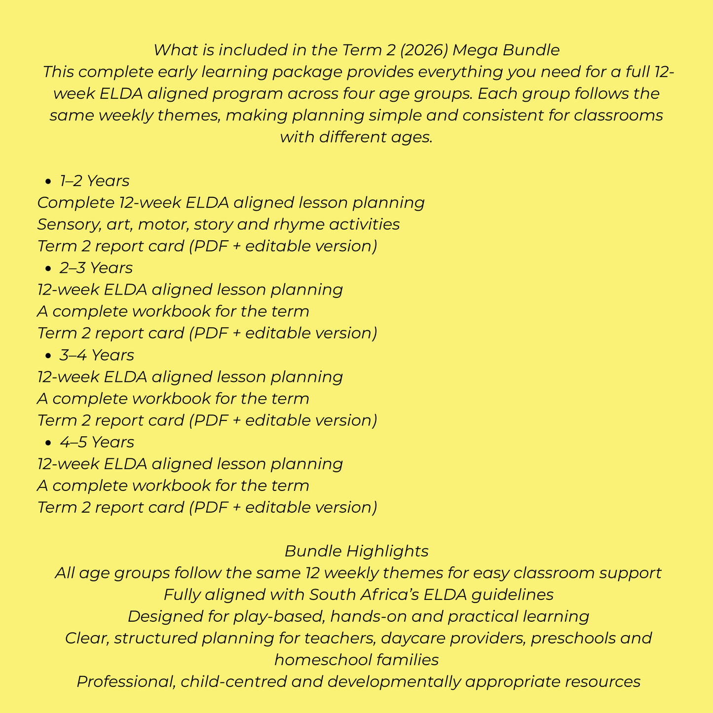 Term 2 Mega Bundle (2026) – 1–5 Years | ELDA-Aligned Lesson Plans, Workbooks & Reports