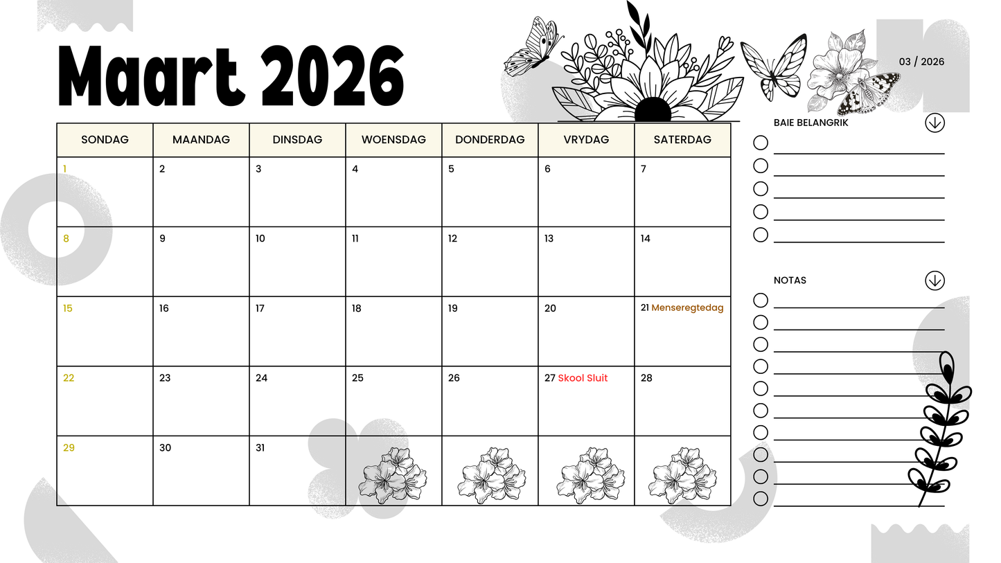 2026 Deskpad Kalender (Swart & Wit) – Blomme & Skoenlapper Tema | PDF