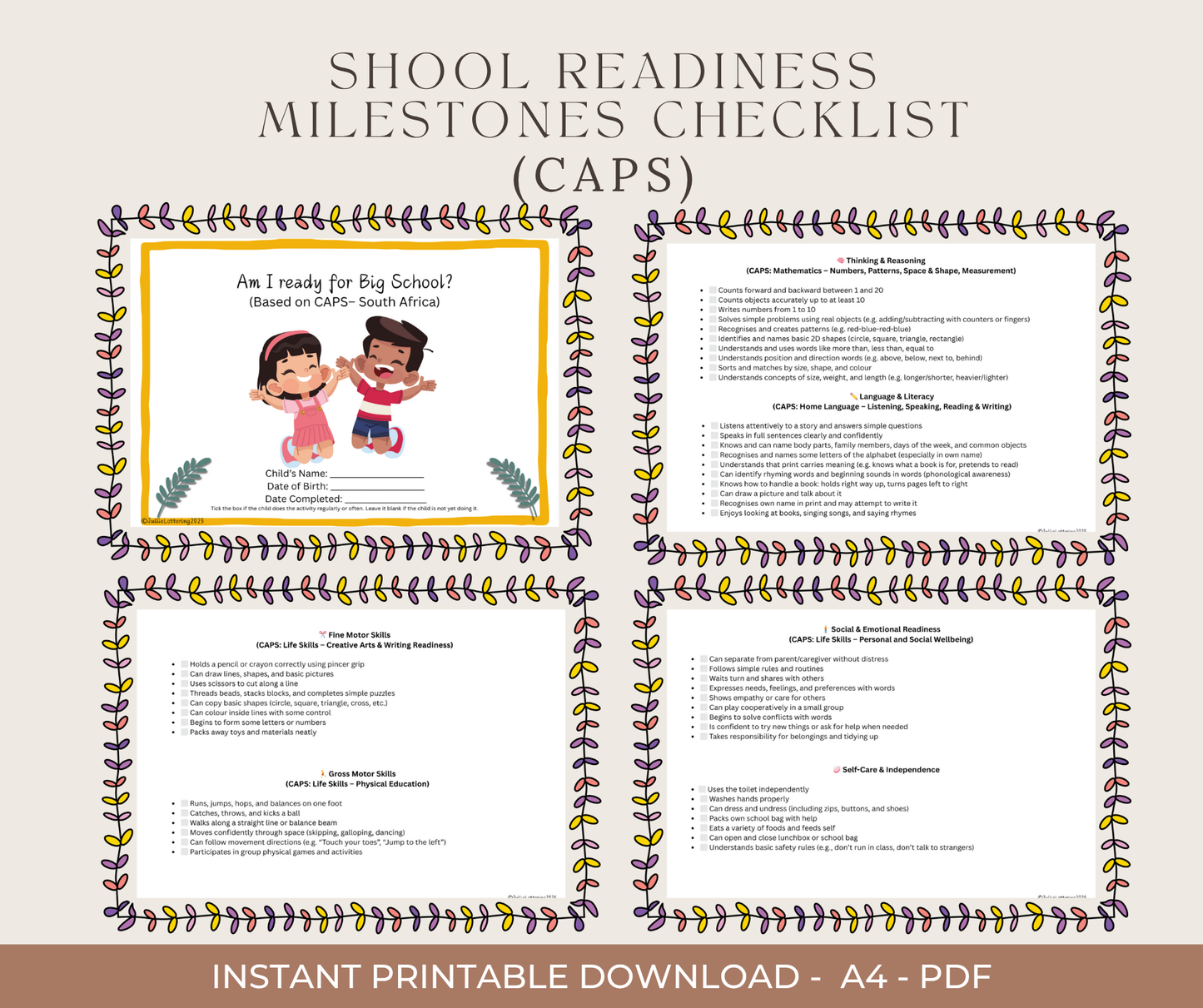 Preschool Development & School Readiness Checklists Bundle (Ages 1–6) | Printable PDF for Parents & Teachers (South Africa)