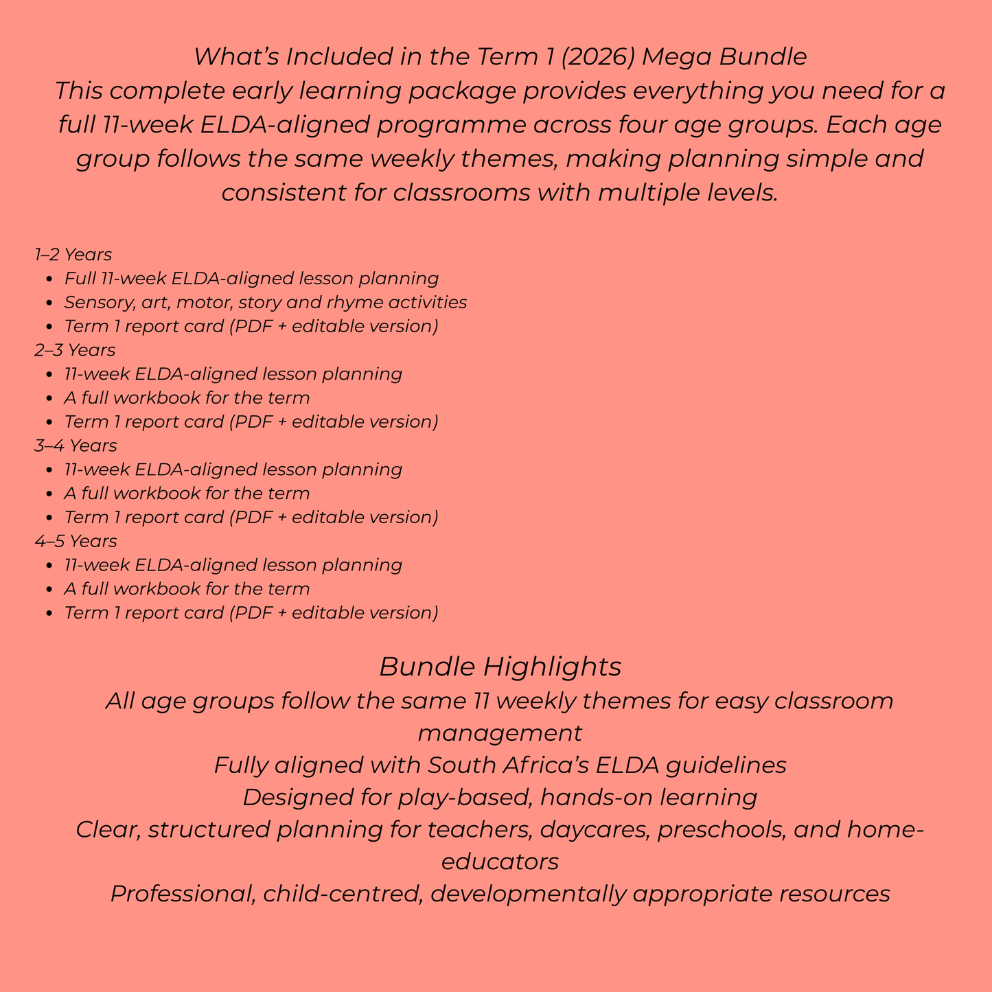 Term 1 Mega Bundle (2026) – 1–5 Years | ELDA-Aligned Lesson Plans, Workbooks & Reports