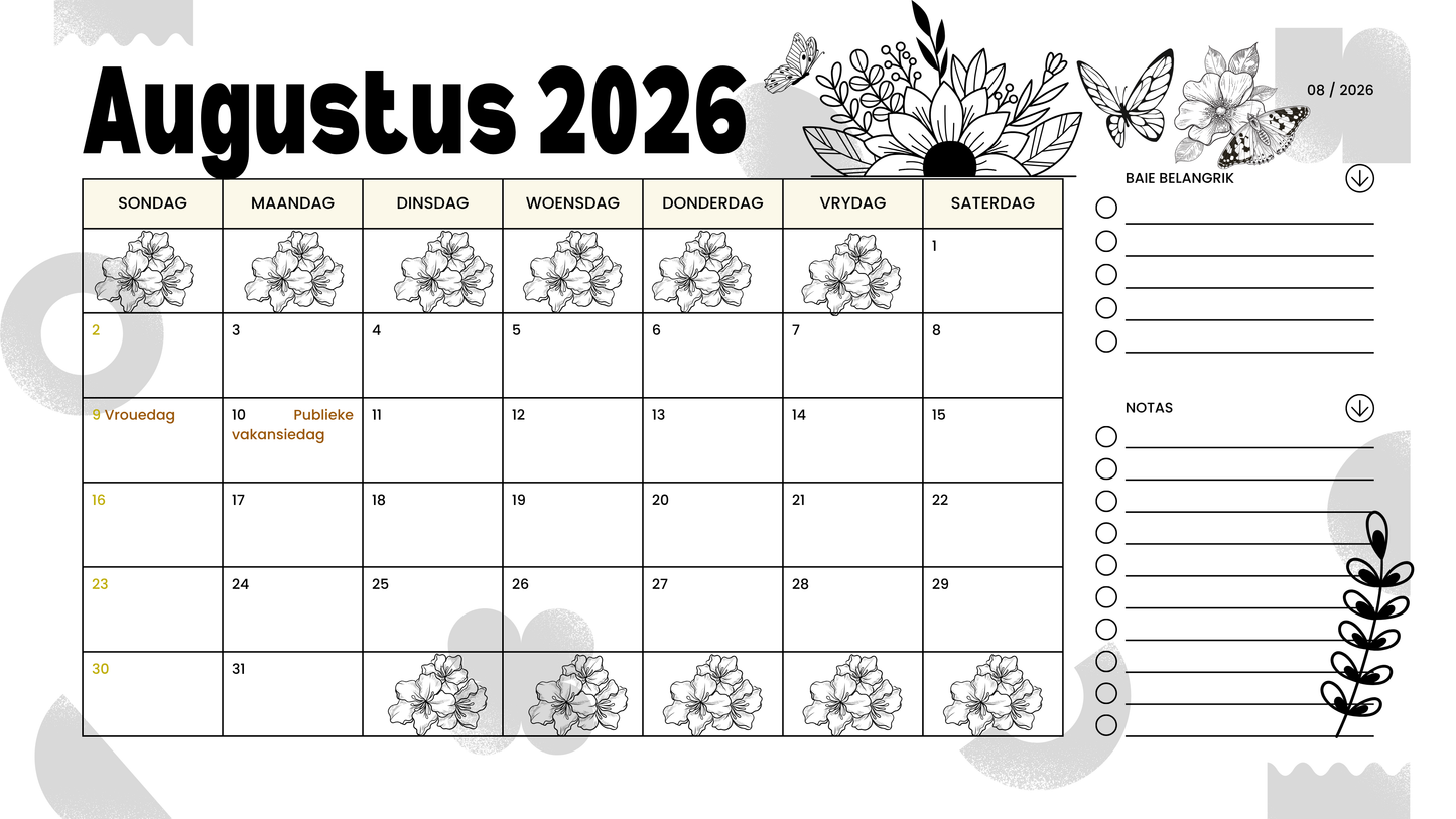 2026 Deskpad Kalender (Swart & Wit) – Blomme & Skoenlapper Tema | PDF