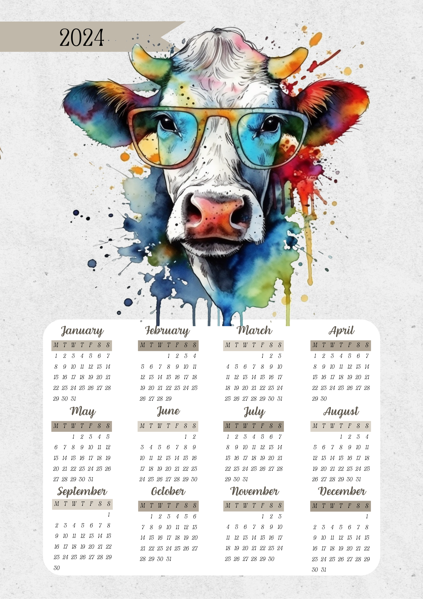 2024 Calendar Cow Theme KleuterKreatief   BeigeRusticwithRoundCow5MonthlyCalendar2024Poster 