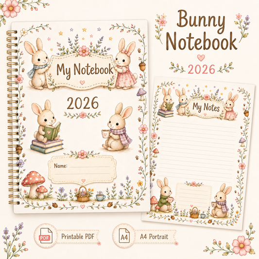 Bunny Notebook 2026 | English Printable PDF | A4 Portrait