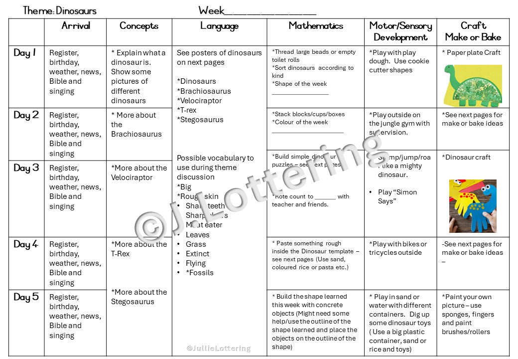 Dinosaur theme lesson planning (1week) 3-4yrs