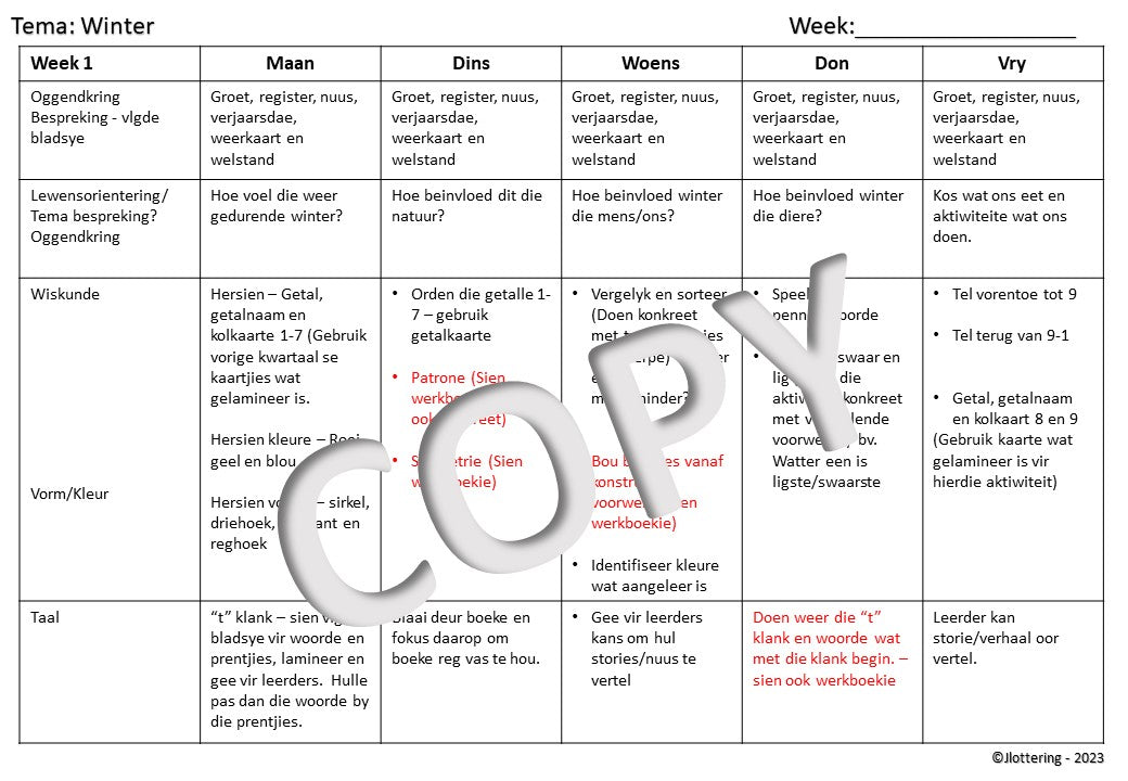 Lesbeplanning boek Graad R Kwartaal 3