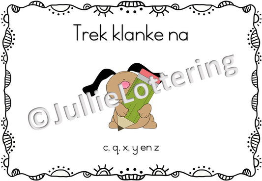 Alfabet natrek c, q, x, y en z klanke