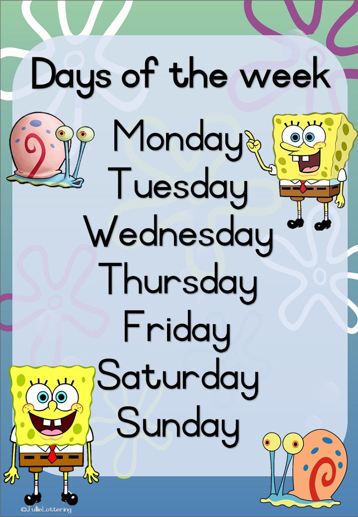 Days of the week poster - SpongeBob English - A4 size