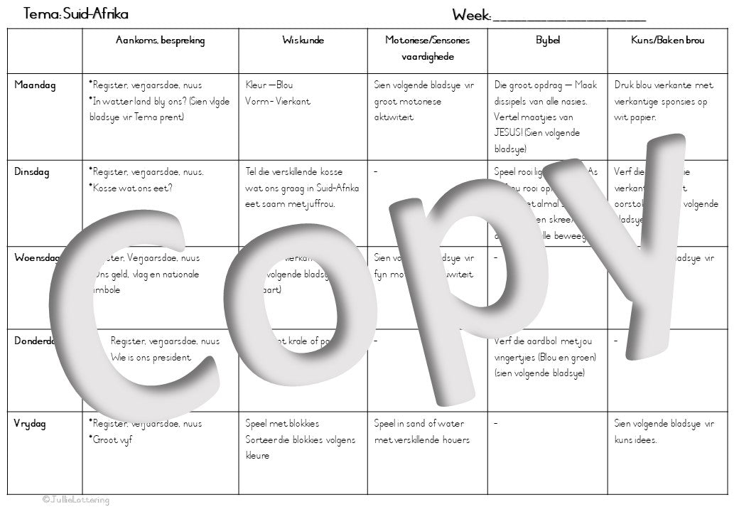 Suid-Afrika Tema Lesbeplanning 2-3jariges